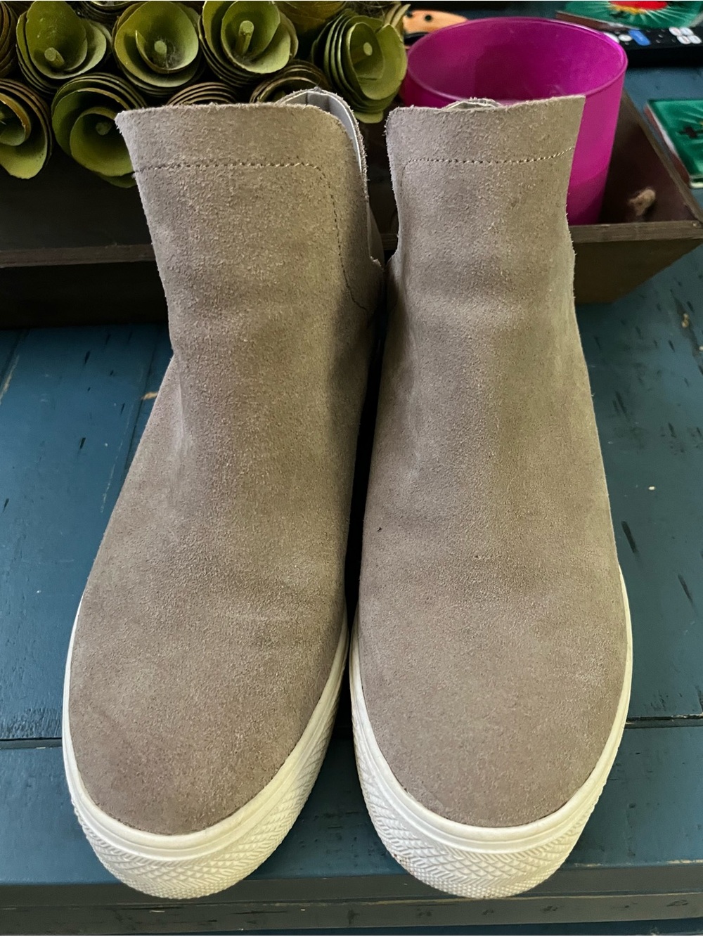 Steve Madden Taupe Suede Slip-On Ankle Boots with White Sole